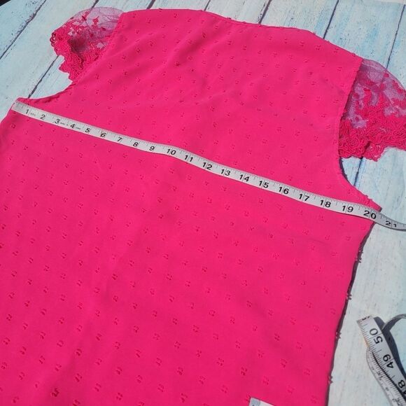 Women's Hot Pink Swiss Dot Lace V-Neck Short Sleeve Blouse Tops Size Large - Picture 12 of 15